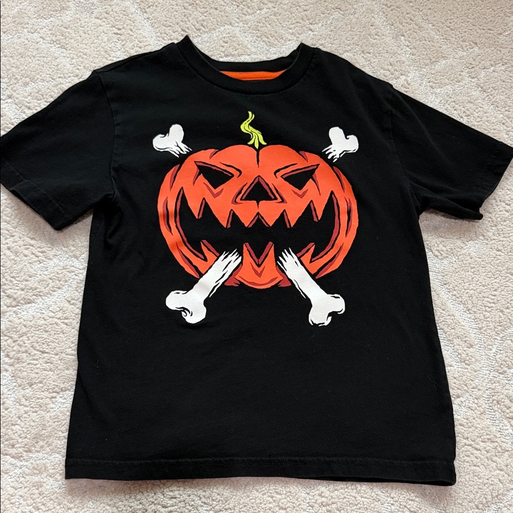 Black Halloween Pumpkin Graphic Tee - Orange & White size 6-7